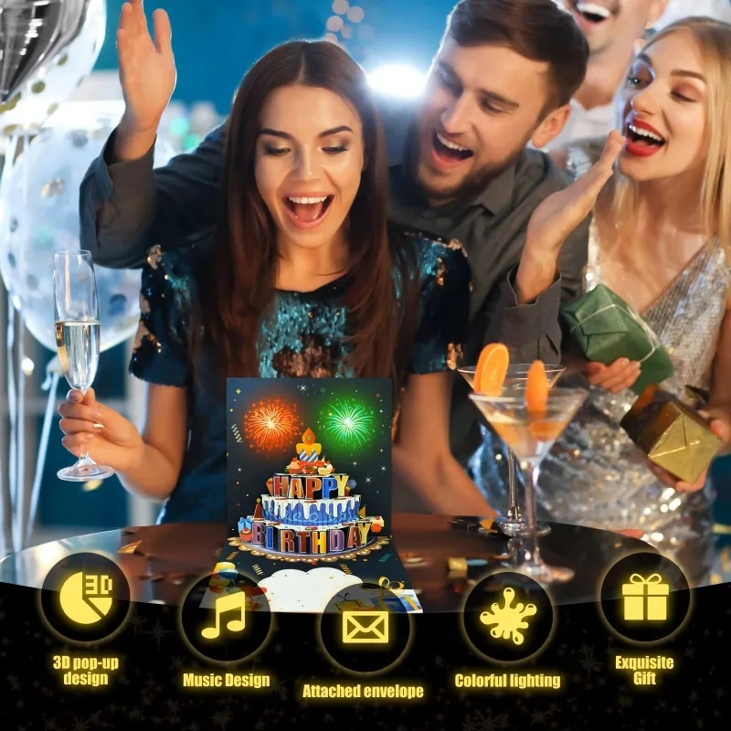 3D Pop Up Music Happy Birthday Greeting Card Creative Fireworks Light Birthday Cards Surprise Gift