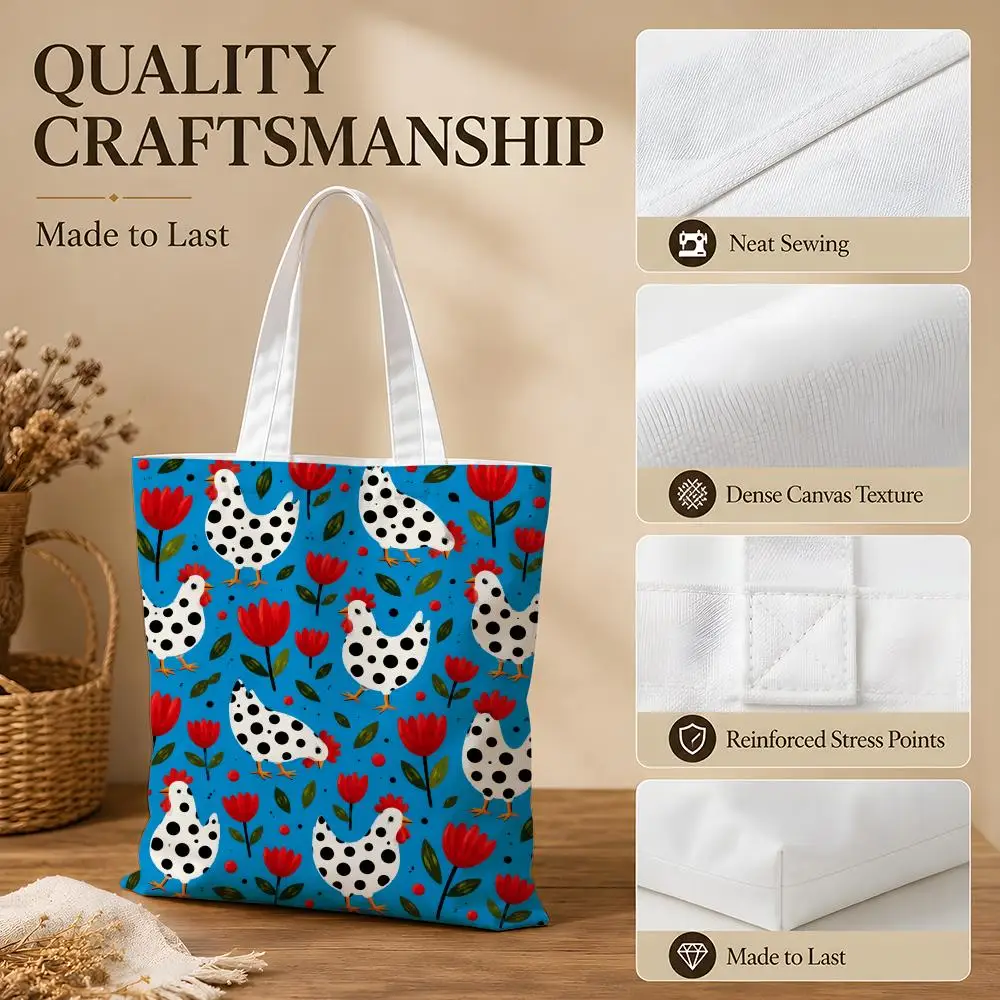 Sturdy Spotted Chicken Storage Bags Canvas Tote Bag Women Large Capacity Reusable Shopping Shoulder Bag Daily Handbag