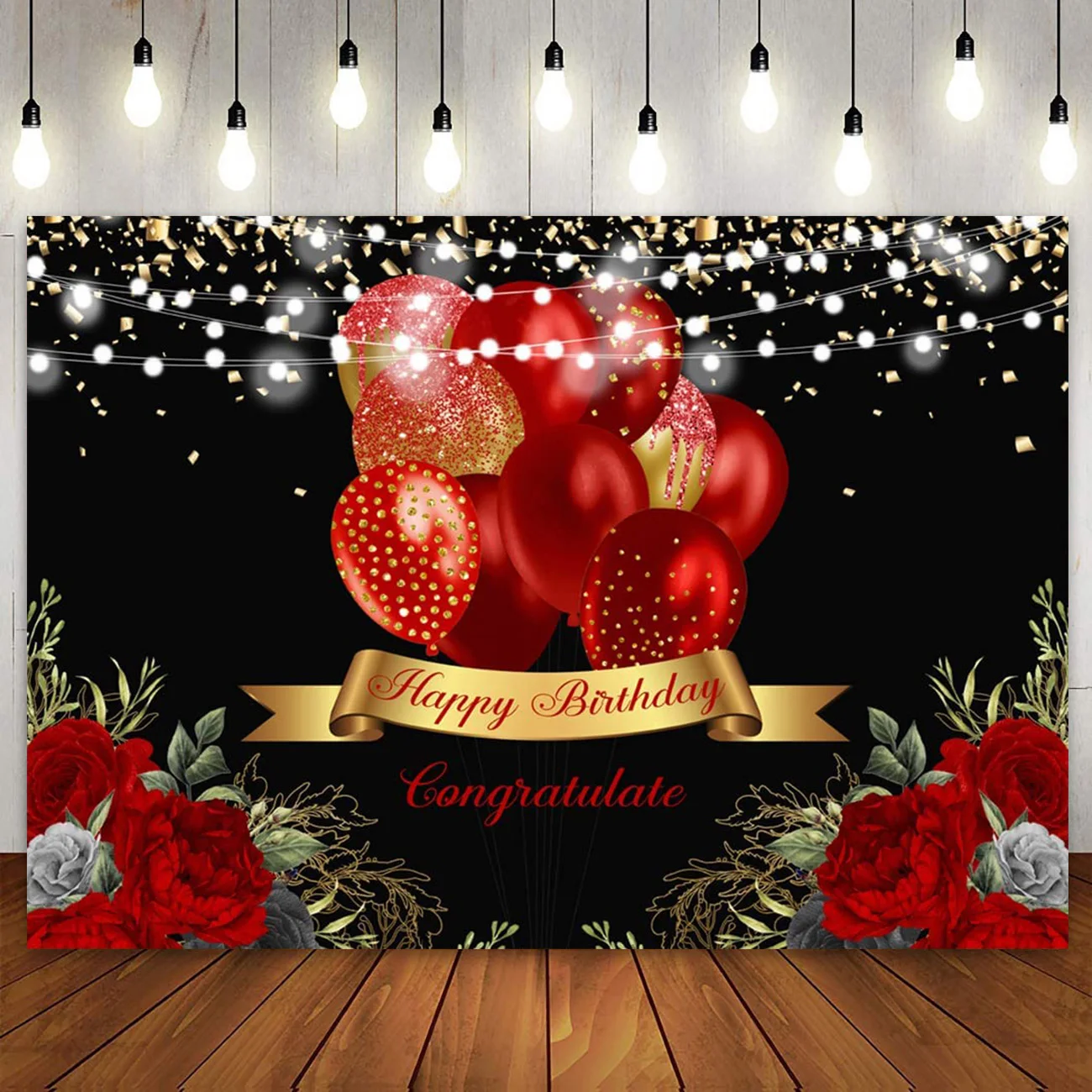 Happy Birthday Backdrop Red Balloons Flowers Floral White Lights Photography Background for Women Girl Banner Party Decoration