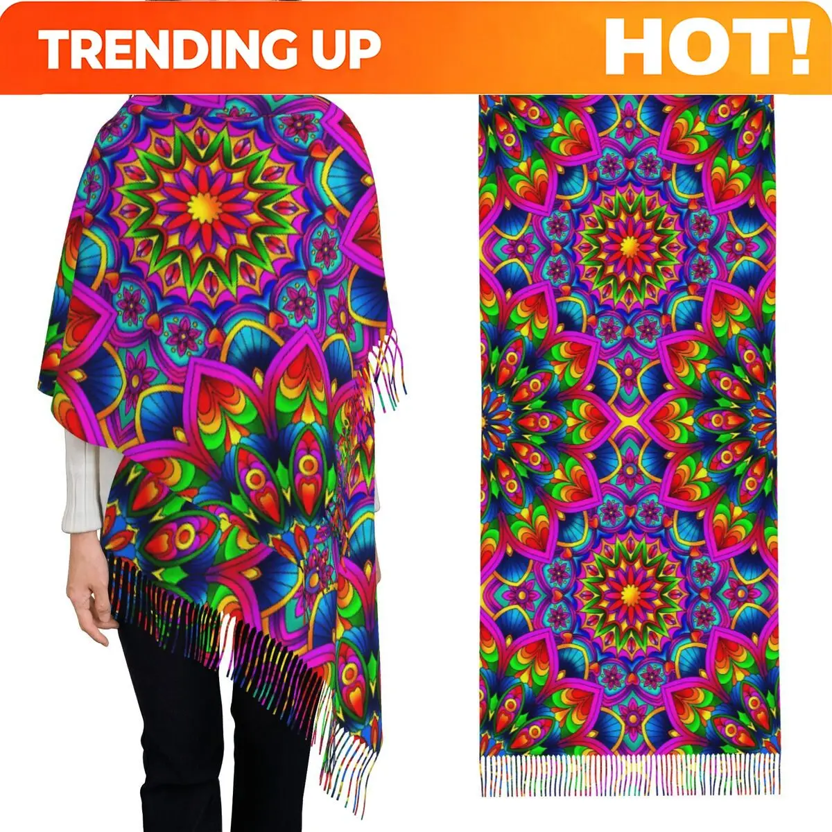 Customization Psychedelic Summer Color Mandala Print Scarf Tassel Scarves Women Soft Warm Shawls And Wraps Long Fall Winter Shaw