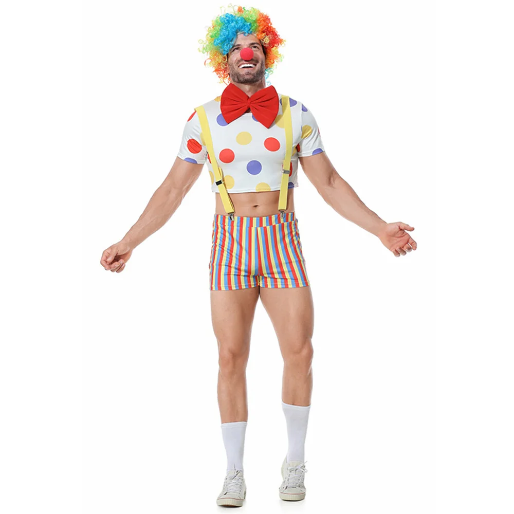 Halloween Adult Men Funny Circus Clown Costume With Wig Nose Joker Fancy Cosplay Christmas Party Dress