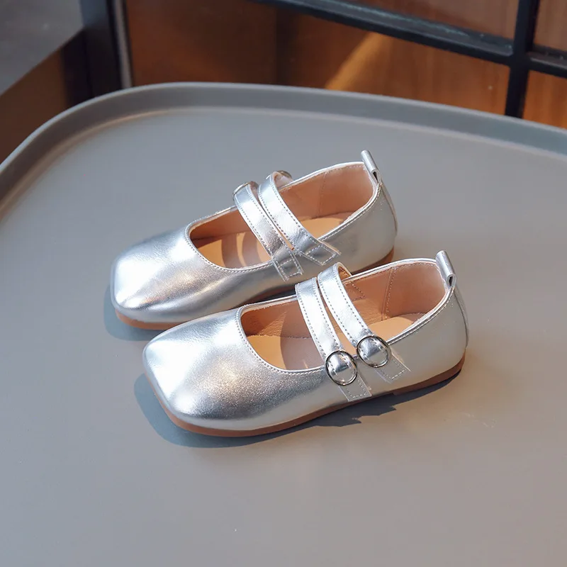 Little Girls Leather Shoes 2023 Summer Korean Style Fashion Kids Silver Performance Shoes Gold Soft Children Casual Shoes Simple