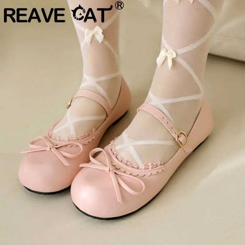 REAVE CAT 32 33 Women Flats Round Toe Bowknot Buckle Strap Size 44 45 Soft Sweet Shallow Girls Student Shoes Spring