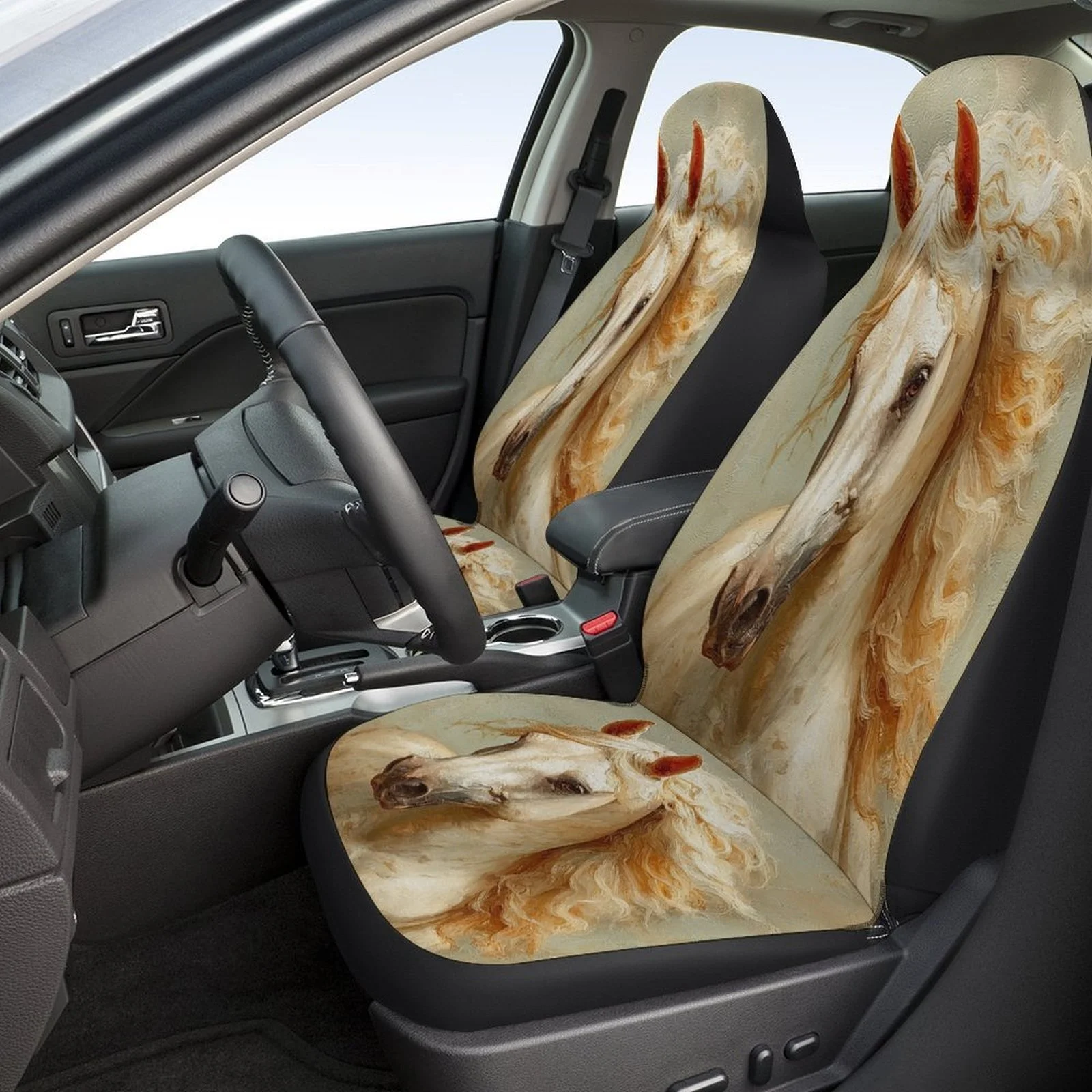 White Horse Portrait Themed Car Seat Cover Set For Most Cars, Decorative Trendy High-quality Car Seat Protector Covers Full Set,