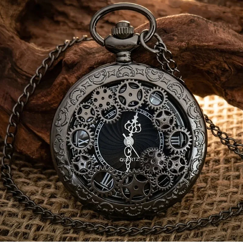 2026 New Steampunk Copper Vintage Hollow Gear Hollow Quartz Pocket Watch Necklace Pendant Clock Chain Men Women with Chain Gifts