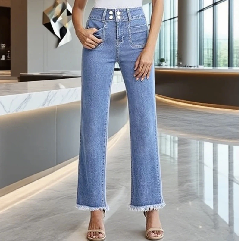 Y2k-Jeans für Damen, Stretch-Denim-Hose, hellblau, gerades Bein, mehrere Knöpfe, dekorative Tasche, neues Design