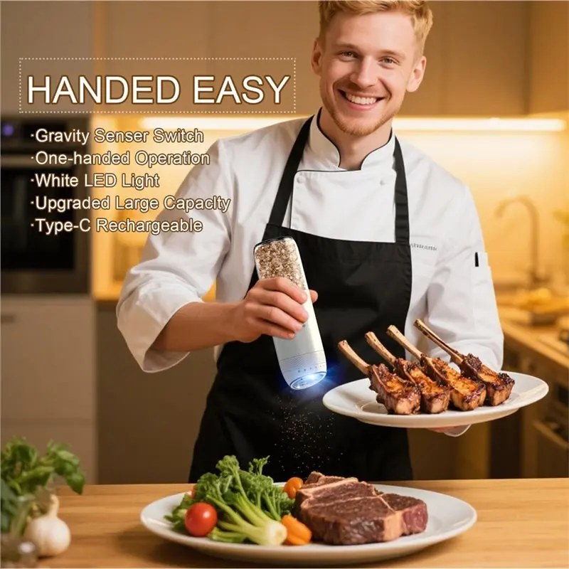 B58B-مجموعة هدايا - مطحنة كهربائية أوتوماتيكية قابلة لإعادة الشحن للملح والفلفل مع 6 إعدادات خشونة قابلة للتعديل