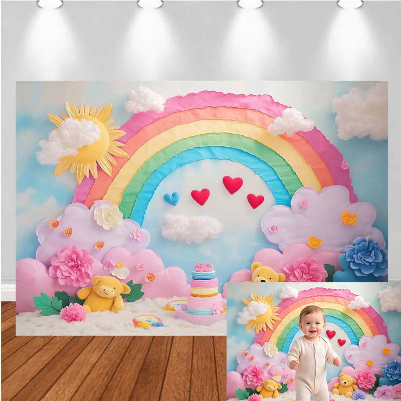 LS Photography Backdrop Rainbow Sun Cake Cloud Decor Birthday Cake Smash Baby Shower Kids Portrait Photo Background Studio