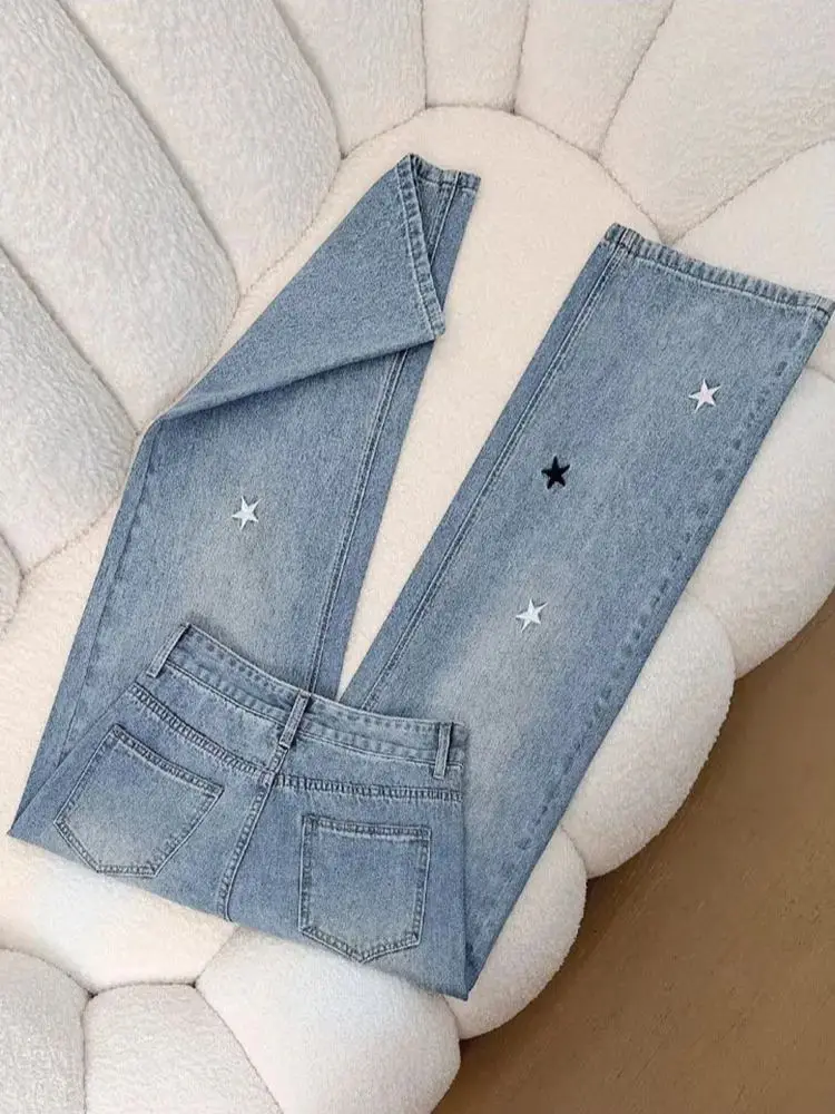 Vintage Star Embroidery Straight Jeans Women Spring New Loose High Waist Wide Leg Trousers Oversized Korean Casual Denim Pants