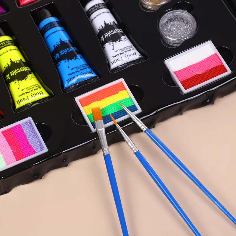 Kit de pintura fluorescente para rosto e corpo, sombra, glitter com pincel, seguro e fácil de usar, conjunto de arte corporal para adultos, maquiagem de festa
