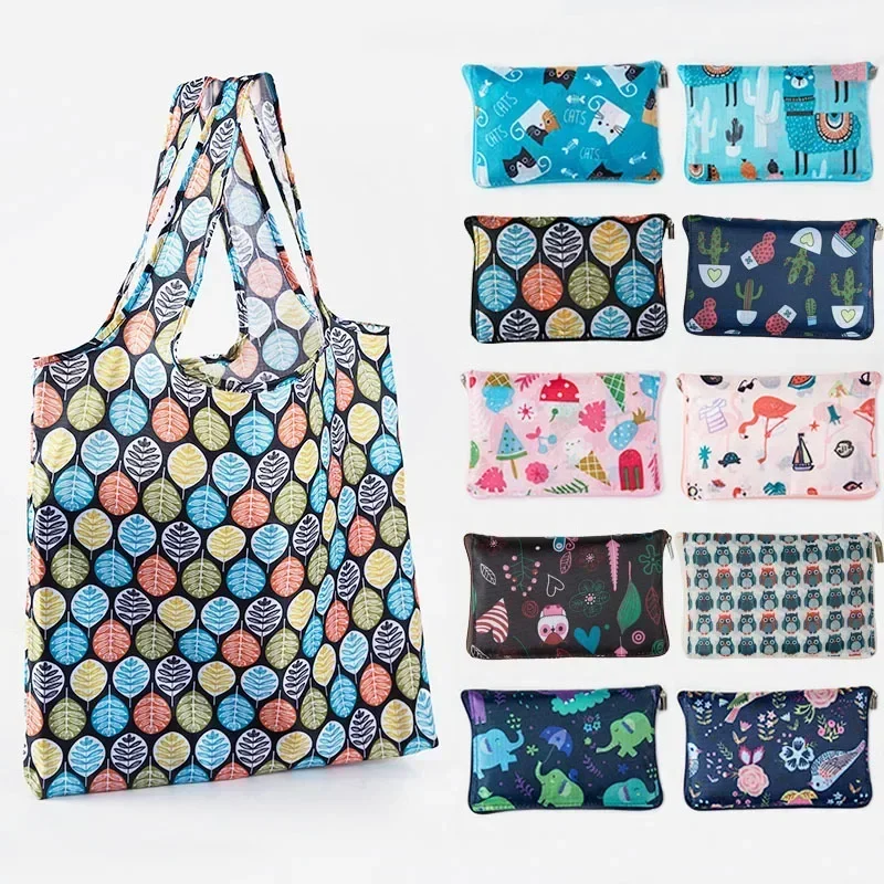 Grocery Storage Handbag Foldable Flower Tote Pouch Reusable Shopping Bag Womens Zipper Beach Bag Shoulder Pouch