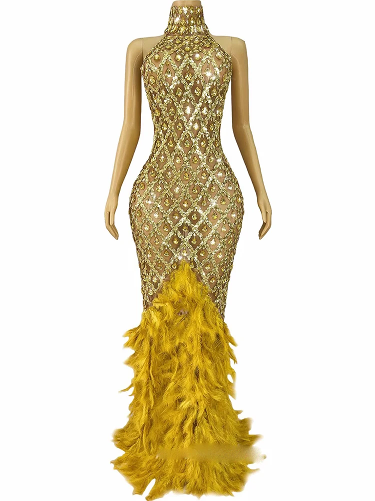 Wysokiej jakości sukienka z elastycznego materiału z piórami i dżetami, seksowna, z odkrytymi plecami, nowa moda 2025, odzież damska na zamówienie.