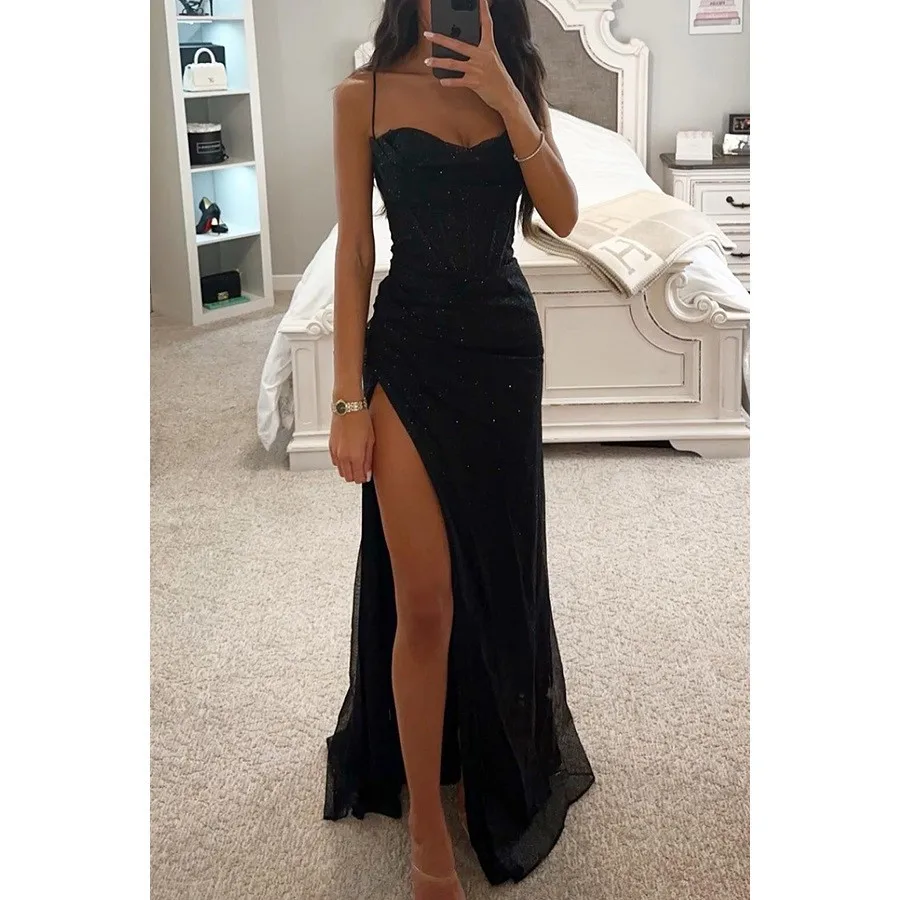 Women's Elegant Vintage Asymmetrical V Neck Long Metallic Off Shoulder Slit Dress for Wedding Guest Party Prom Wedding Party
