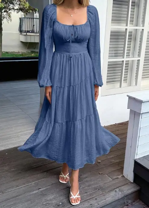 

Solid Color Square Collar, Tie Collar, Waist Cinching Long Sleeved Dress, Autumn Women's Slim Fit Solid Color Long Sleeved Dress