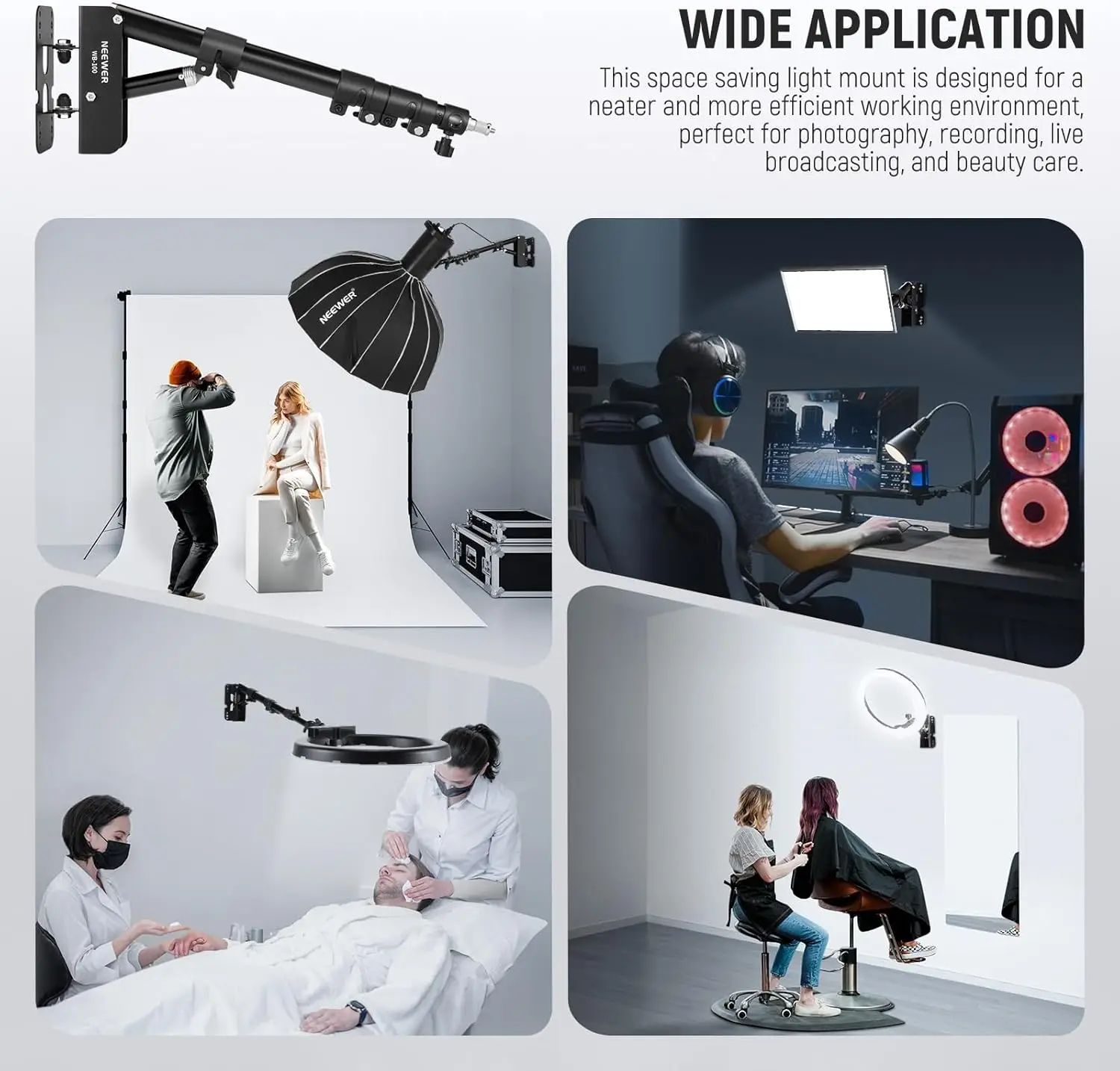 Braccio regolabile per montaggio a parete per illuminazione fotografica, 55-116 cm allungabile, 180 °   Girevole, lega di alluminio, capacità 3 kg