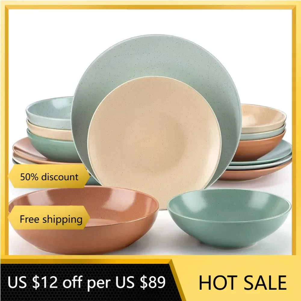 16 Pieces Stoneware Round Plates and Bowls Set Plates Dinner Sets Safe Dish Complete Tableware freight free