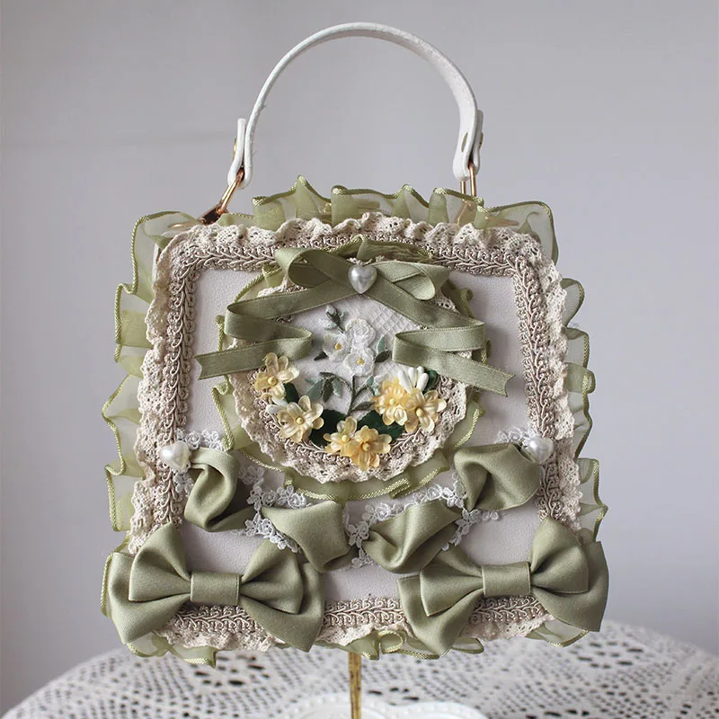 Retro Women Girl Lolita Handbags Satchels Flowers Imitation Pearl Shoulder Bag Crossbody Chain Bags Luxury Lace Ribbon