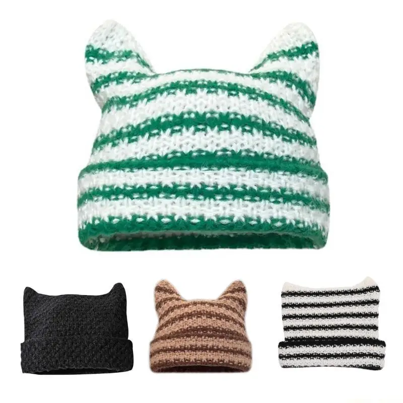 31BF Devil Horn Hat Beanie Crochet Knitted Hat Soft Knitted Hats Skullies
