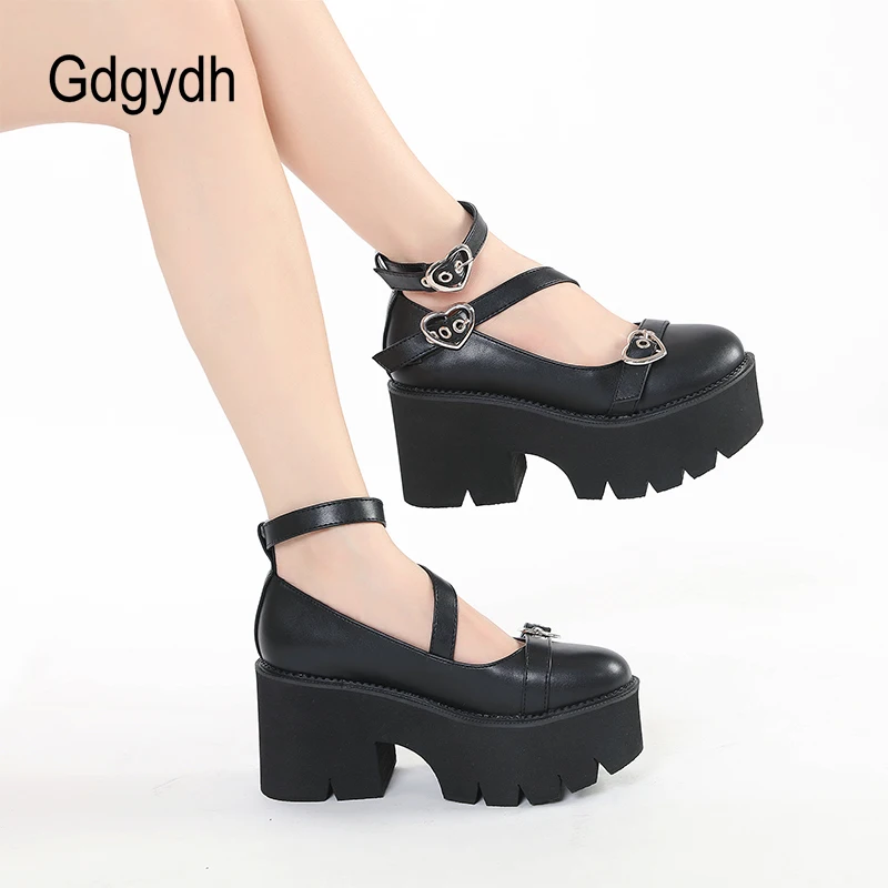 Gdgydh Platform Lolita Shoes On Chunky Heels Spring Cross Bandage Women Mary Jane Shoes Kawaii Cospaly Heart Buckle Big Size