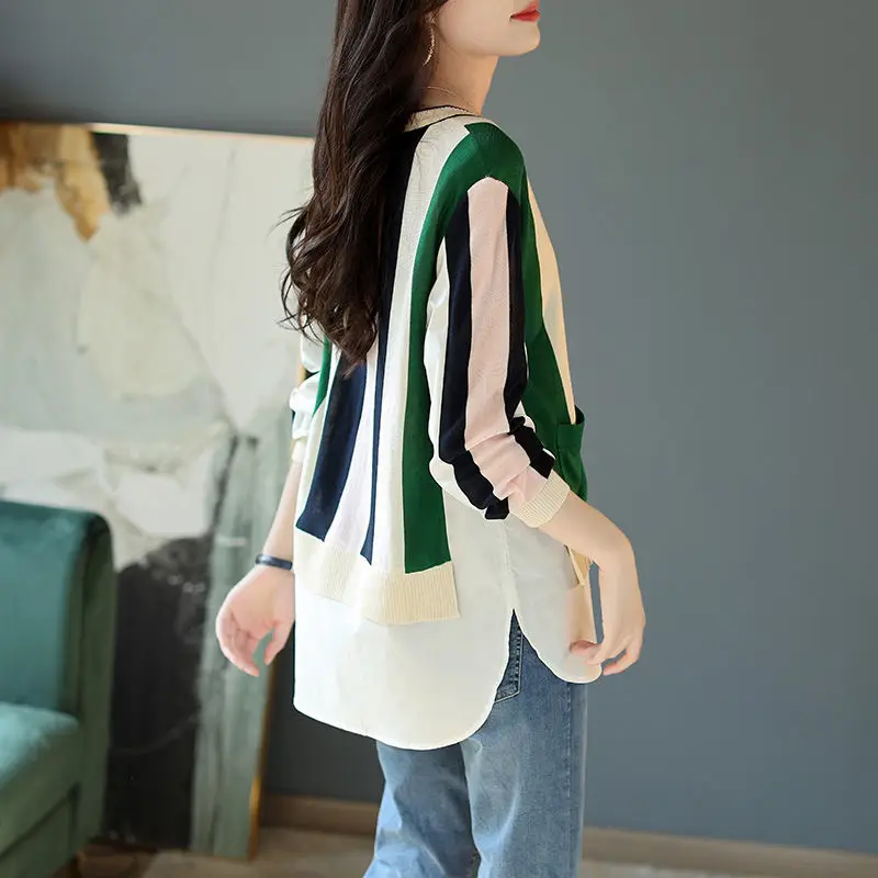 Comfortable V-neck Blouses Temperament Casual Button Patchwork Elegant Fashion Spring Summer Thin Striped Women\'s Clothing 2023