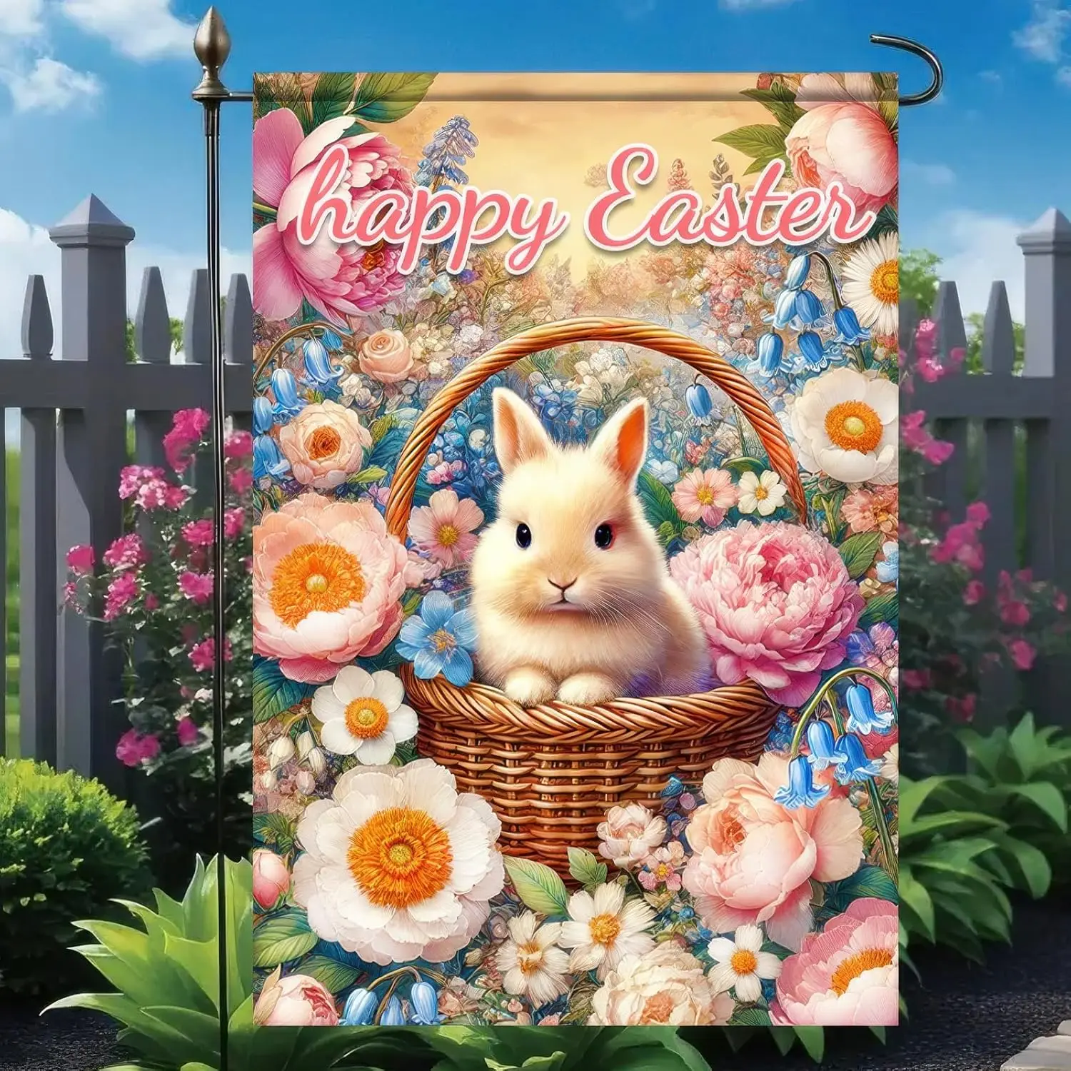 Happy Easter Garden Flag Spring Bunny Welcome Yard Flags 12x18 Inch Double Sided Cute Rabbit Eggs Coloful Flower Outside Dec EEZ