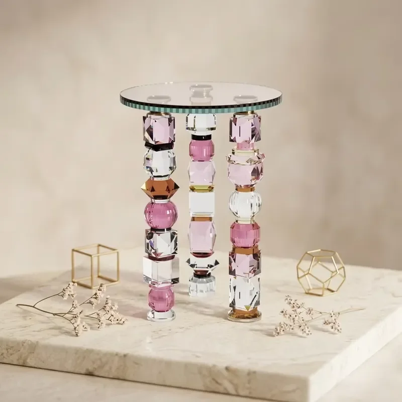 Luxury Hand Cut Crystal Rhododendron Side Table Multi Colored Round Glass Top Decorative End Table for Living Room Home