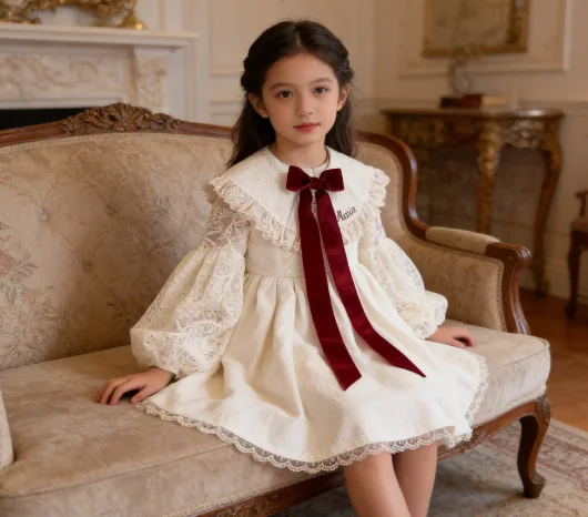 

2026 Spring Summer Girls' Lantern Sleeve Lace Bow Princess Fashion and Beautiful Kids Outwear Skirt