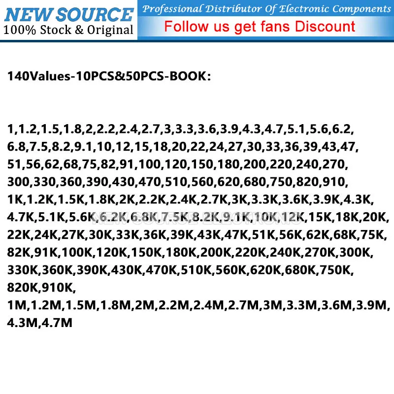 1/4W 1% Metal Film Resistor Sample Book 122/140Values 0.25W 1R~10M Ohm Assorted Resistor Kit Pack Newsource