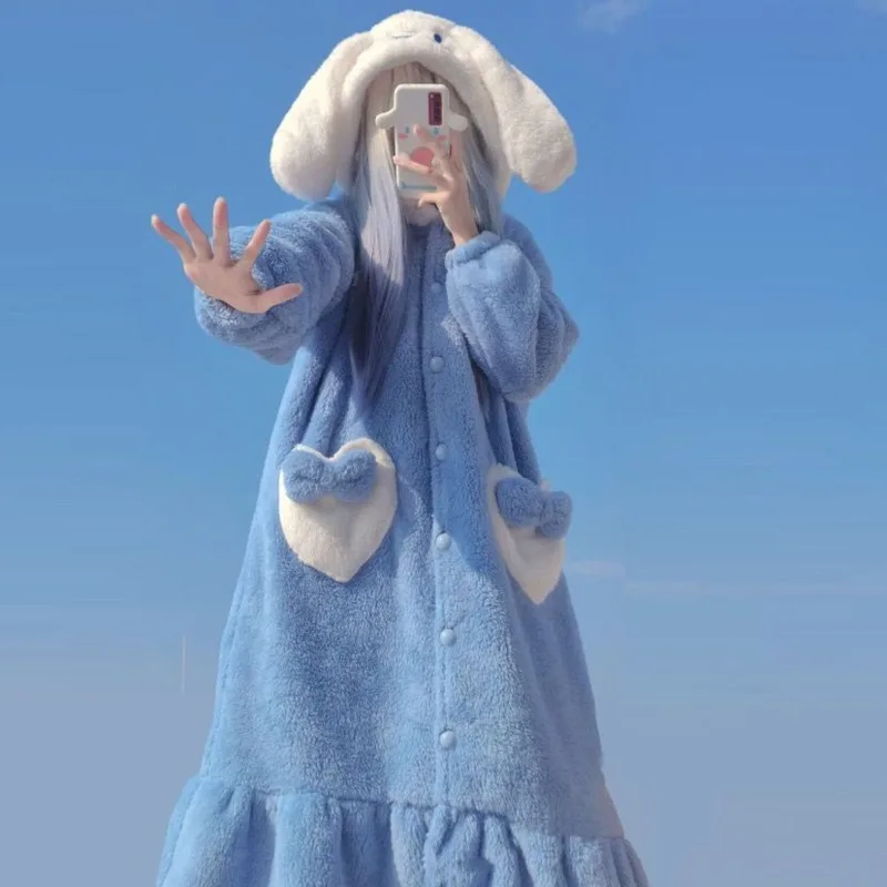 Sanrio Cinnamoroll Winter Kawaii Pajamas Women Home Clothes Suit Cute Nightwear Robe Thicked Warm Pyjamas Female Sleepwear 2023