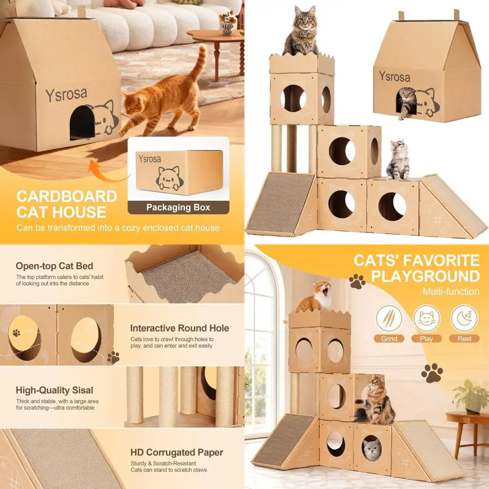 

Cat Condo with Scratching Board and Climbing Post, Cardboard Playhouse