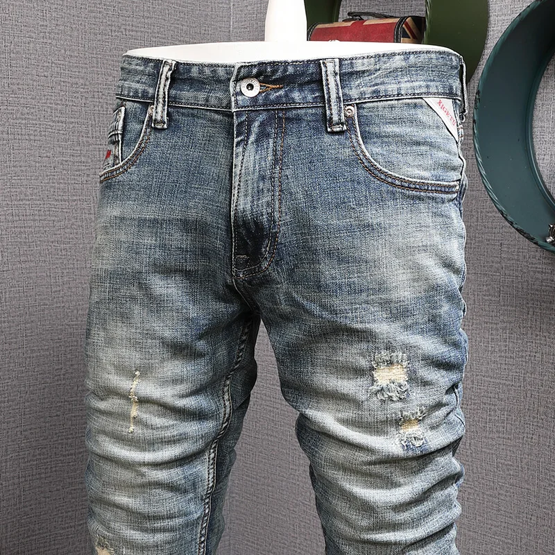 Men's Blue Washed Distressed Skinny Jeans Vintage Faded Wrinkle Slim Tapered Denim Streetwearhombre
