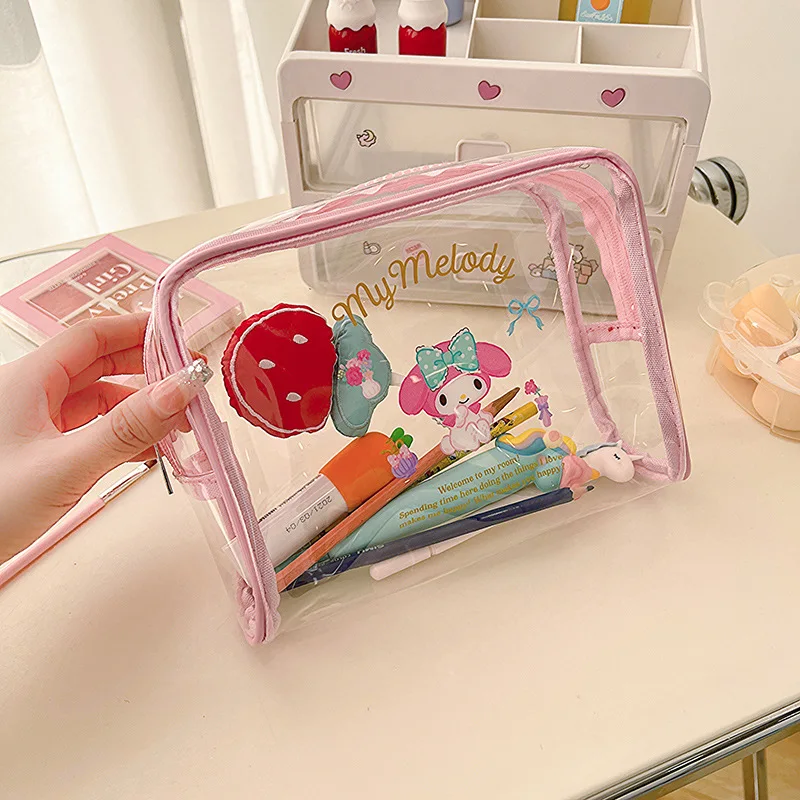 Sanrio Kawaii Hello Kitty Makeup Bag Cute Melody Transparent Portable Waterproof Skin Care Storage Bag Wash Tote Handbag