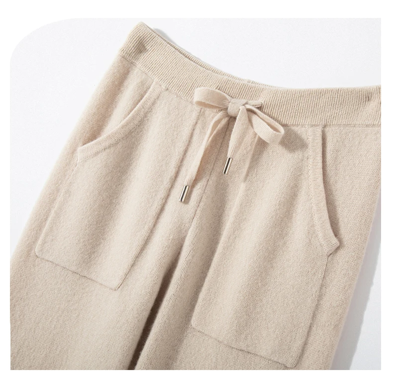 Women's Knitted 100% Wool Pants with Double Pockets and Elastic Waistband for Autumn and Winter, High Stretch Sports Style Pants