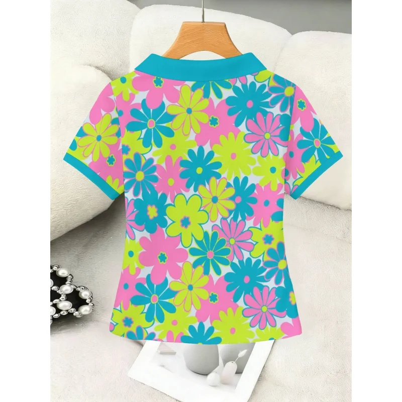 Dopamine color-blocking neon daisy print short-sleeve shirt for womenWomen's Collared T-Shirt