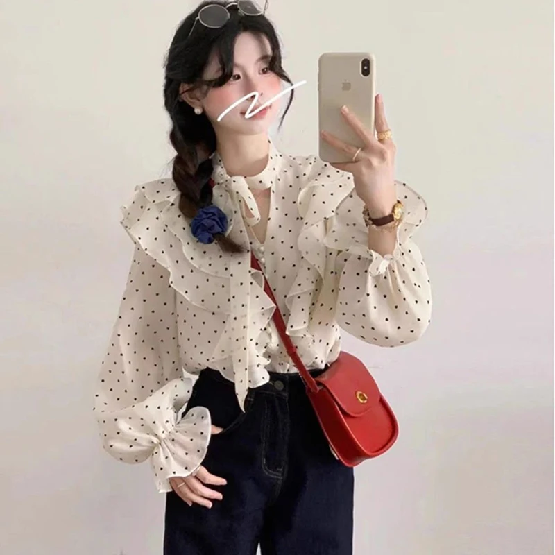 Korean Polka Dot Chiffon Blouse Women Elegant Long Sleeve Ruffle Trim Shirt Sweet Fashion Sheer Thin White Soft Commuter Top
