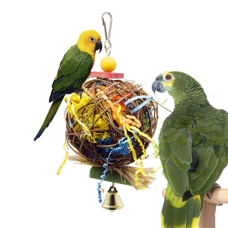 Parrot Bird Toy Natural Rattan Weaving Paper Brushed Chewing Toys For Small Parrot Bird Cage Hanging Ball Swing Toy Bird Supplie