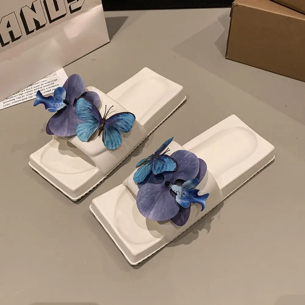 

Квадратные тапочки на плоской подошве с цветком орхидеи и бабочкой, тапочки с орхидеей и орхидеей для женщин, милая обувь, пляжная одежда, тапочки