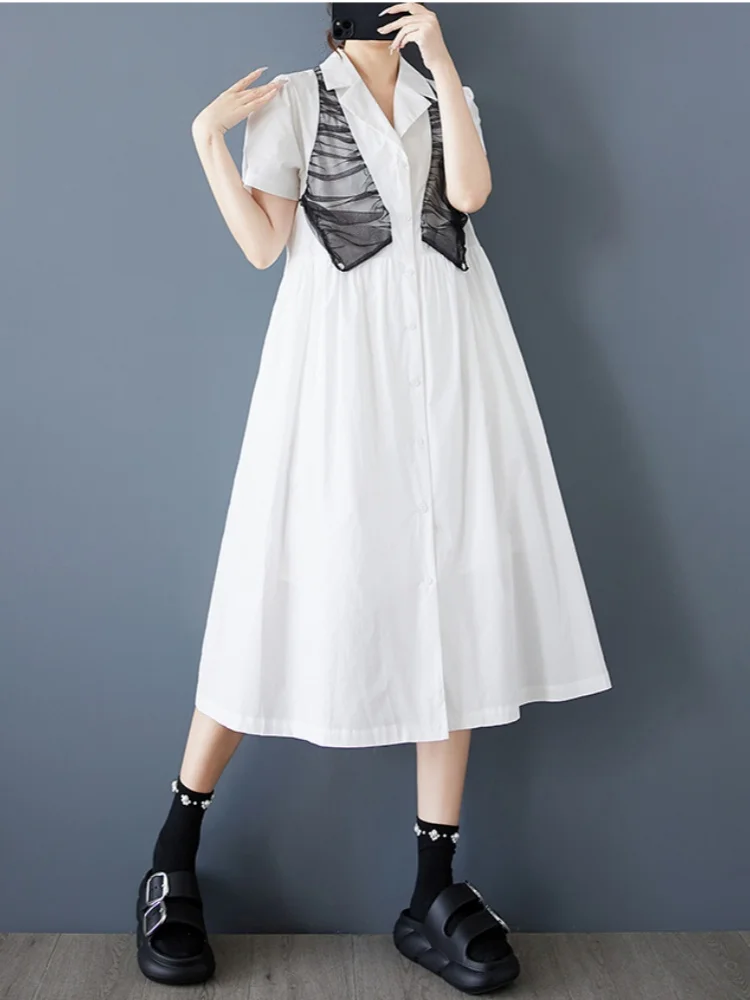 Novo verão solto malha emenda vestido casual feminino simples doce manga curta lapela camisa vestidos