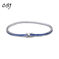 CSJ Elegant  Solid Real 925 Silver Tennis Bracelet Sapphire Pave Square 2mm 18cm Fine Jewelry for Women Party Wedding Gift