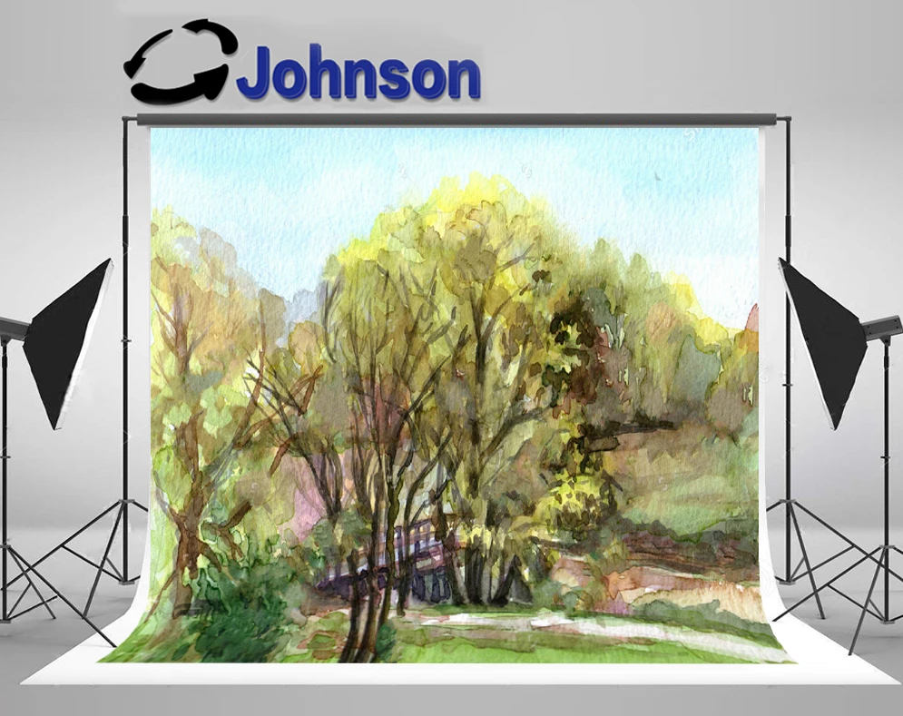 JOHNSON Willow Tree Spring Watercolor Landscape Green Grass Bridge Across River background Computer print scenic backdrop