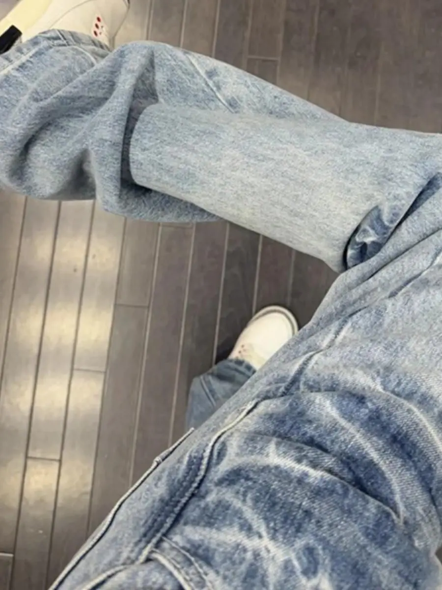 

Blue Lightning Pattern Straight Leg Jeans ex High Street Micro Flared Pants Youth Casual Summer Loose Fit American Vibe