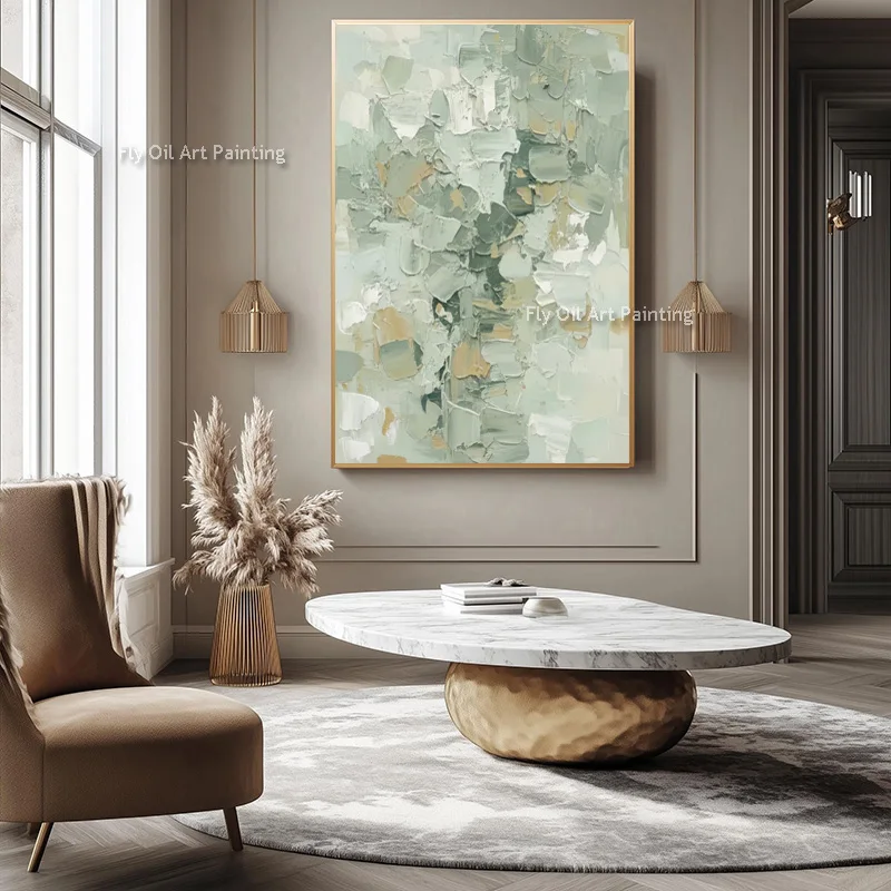 Popular Simple Style Artwork On Canvas Light Green White Oil Painting Original Design Black White Blue Home Wall Art Decor Items