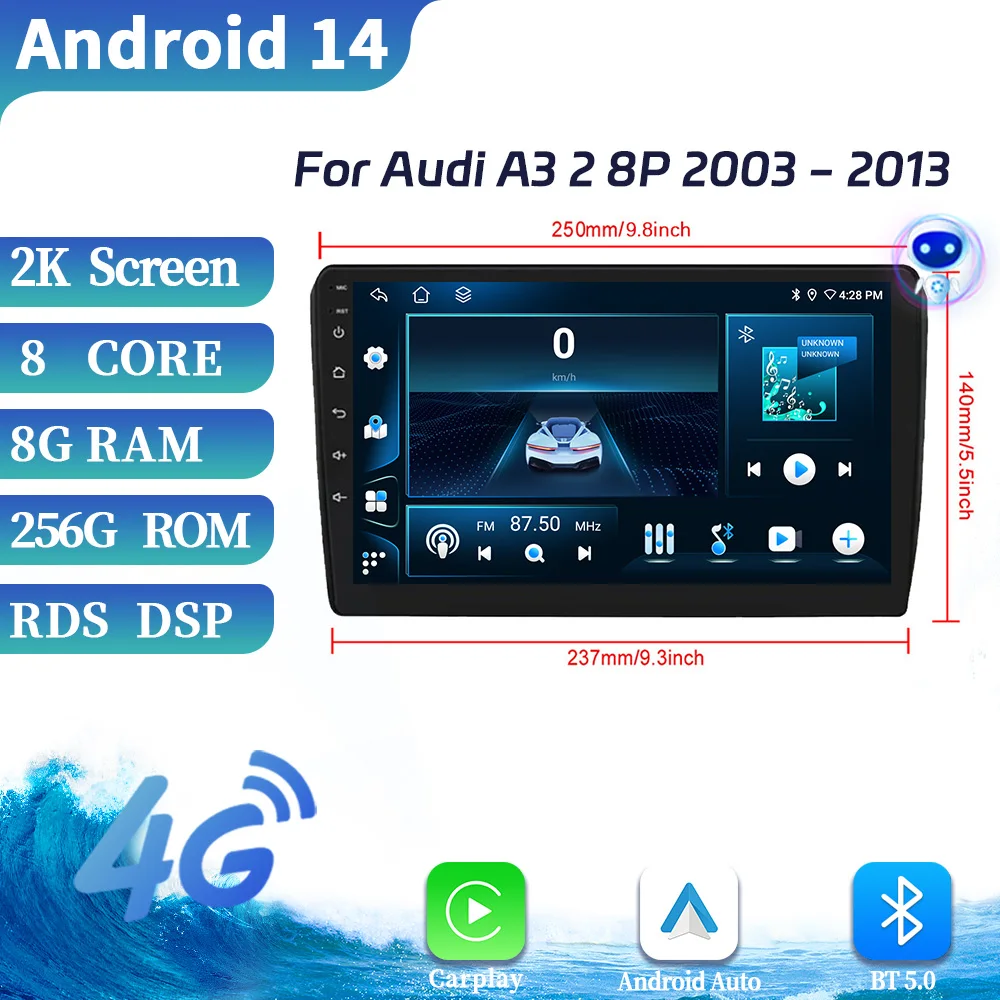 

For Audi A3 2 8P 2003-2013 Android OS Car Radio Multimedia Video Player Navigation Wireless Carplay GPS 4G Touch Screen Stereo