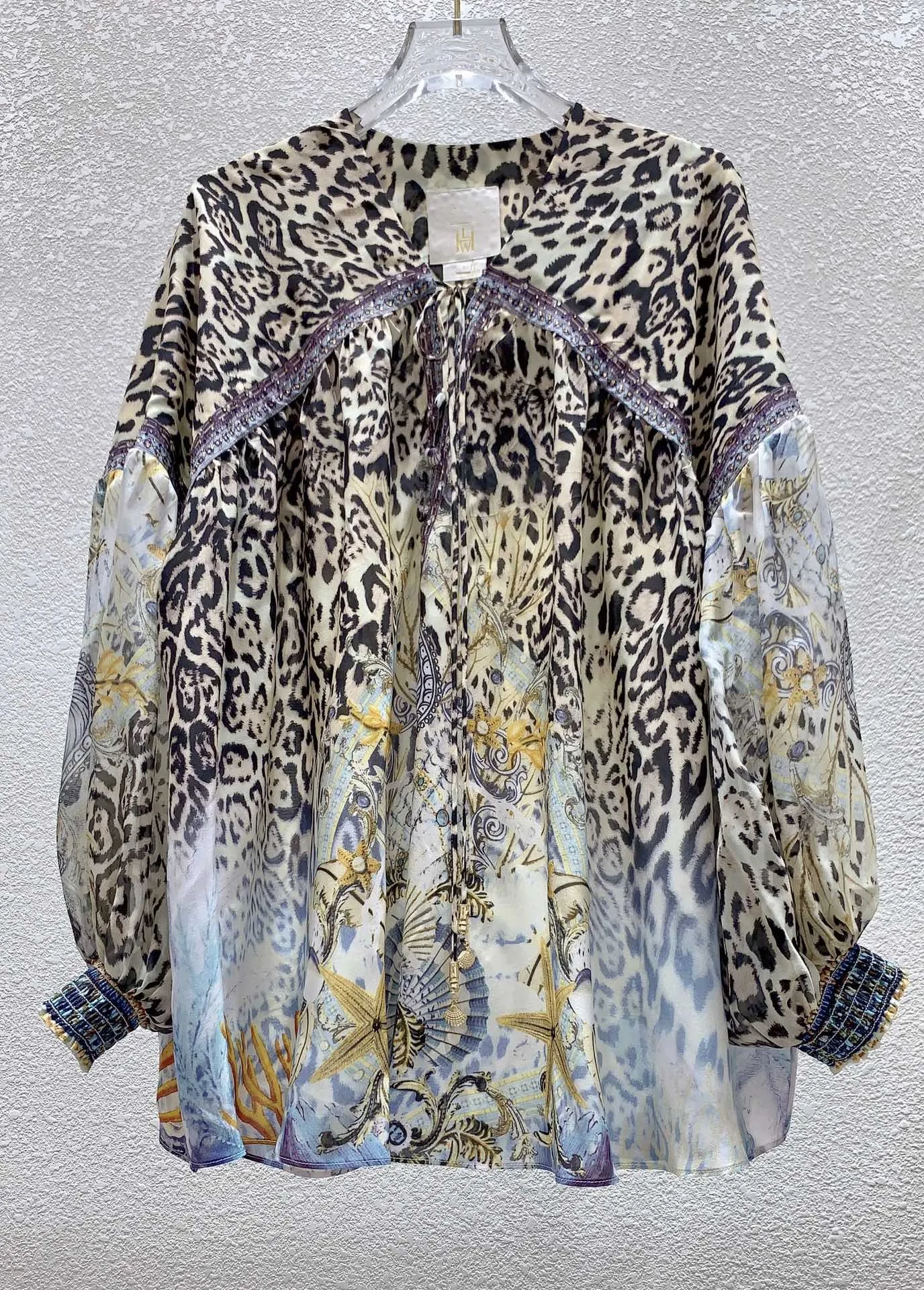 Women's Shirt Leopard Printed V-Neck Lace-up Beaded Full Sleeve 100% Silk Blouse