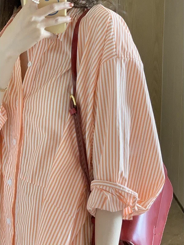 2024 spring and summer new style Design Sense French niche orange top striped shirt for women Leisure Versatile PDDX