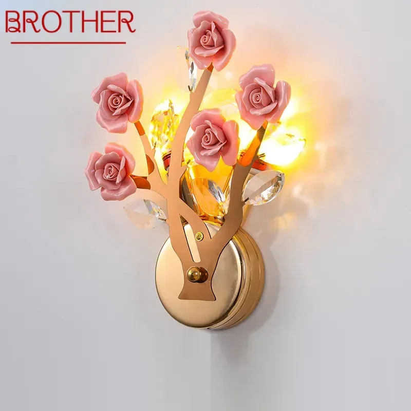 BROTHER Contemporary Crystal Wall lamp Creativity Ceramics Rose Blossoms Living Room Bedroom Girl's room Villa LED Bedside Light