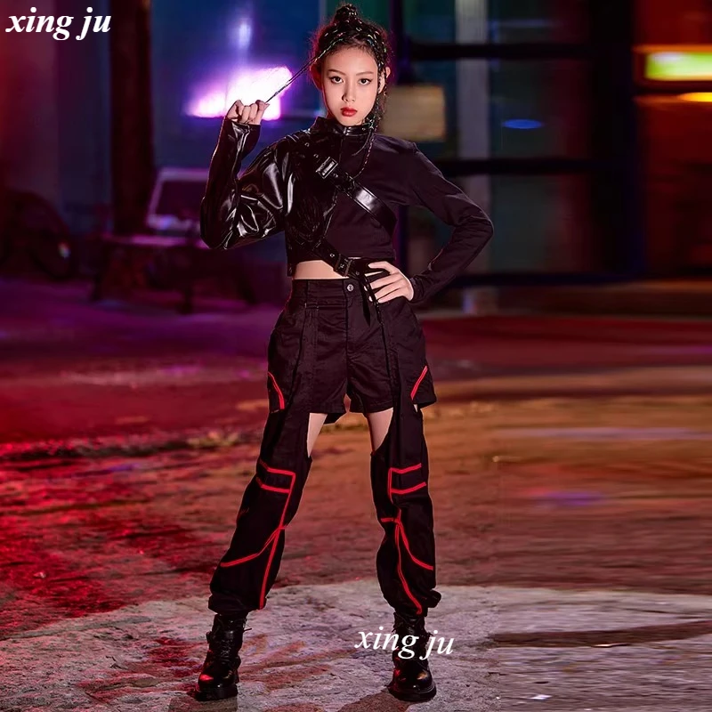 Chaleco de PU negro para baile callejero para niños, Tops de manga larga, pantalones calados a la moda, traje de baile de Jazz para niñas, ropa de escenario de Hip Hop para niños