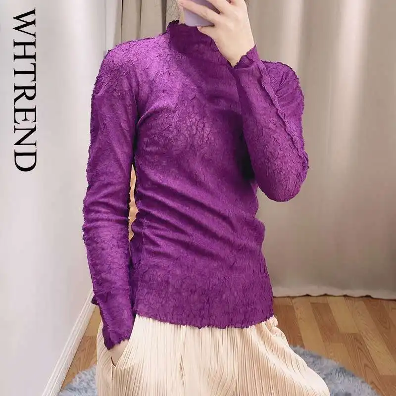 

WHTREND плиссированный топ для женщин, однотонная базовая рубашка с высоким воротом и длинными рукавами, элегантная облегающая футболка, весна-осень, новинка WH1969