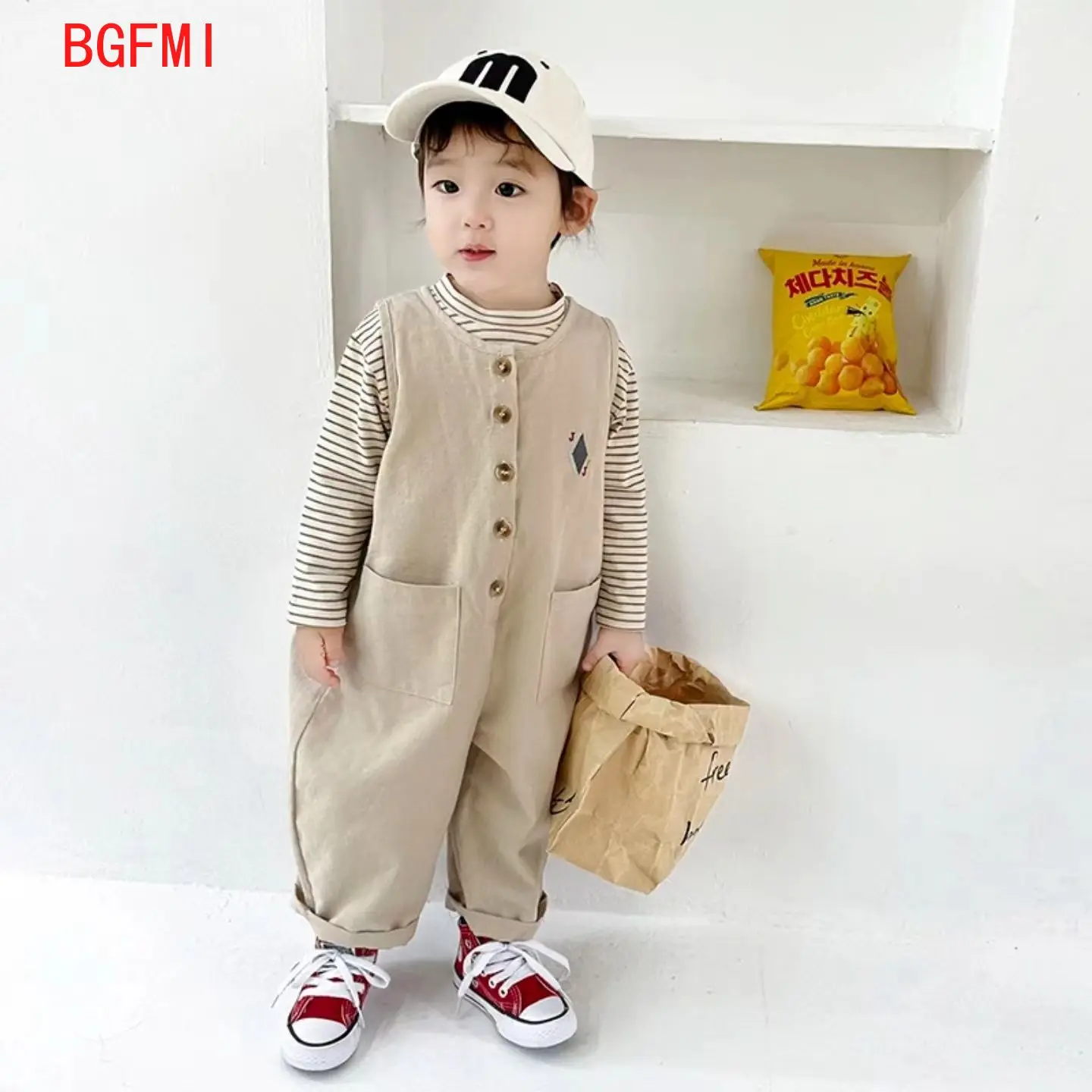 

Детские штаны-карго, комплект для мальчиков, корейская весенне-осенняя детская одежда, полосатая футболка с длинными рукавами + комбинезон, комплект из 2 предметов, детский комбинезон