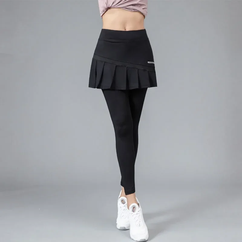 New Plus Size High Waisted Pleated Skirts Pants High Elastic Fabric Fitness Sports Two-piece Tennis Skorts Sportswear Yoga Slim